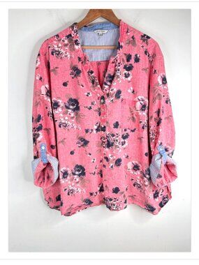 John Mark 100% Linen Floral Popover Top 3X Roll Tab Sleeve Boho Artsy Lagenlook